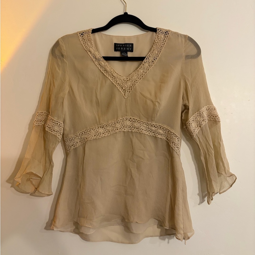 100% Silk Bohemian Flowy Blouse Size 4/ Small Ethereal Natural crochet trim top